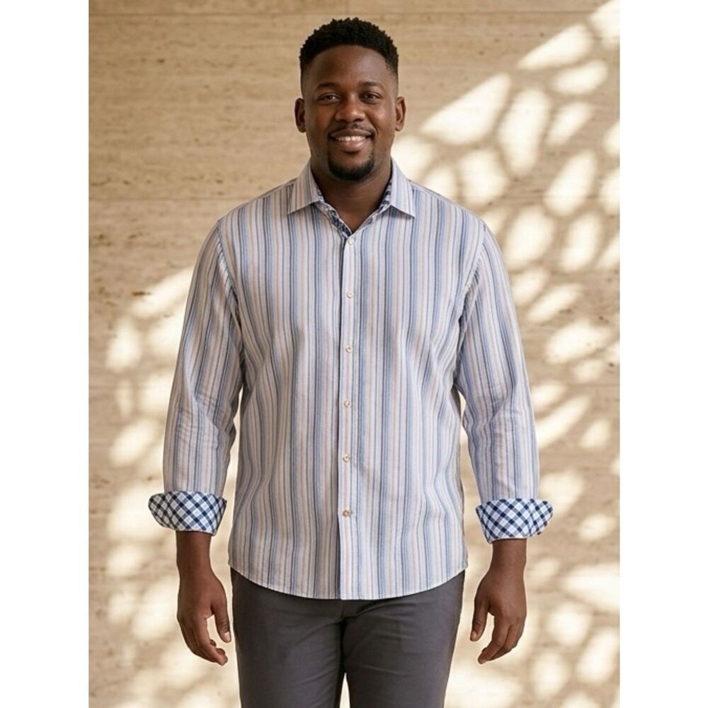 EUC Thomas Dean Big & Tall Mens Dress Shirt Pin Stripe with Cuff design Size XXL